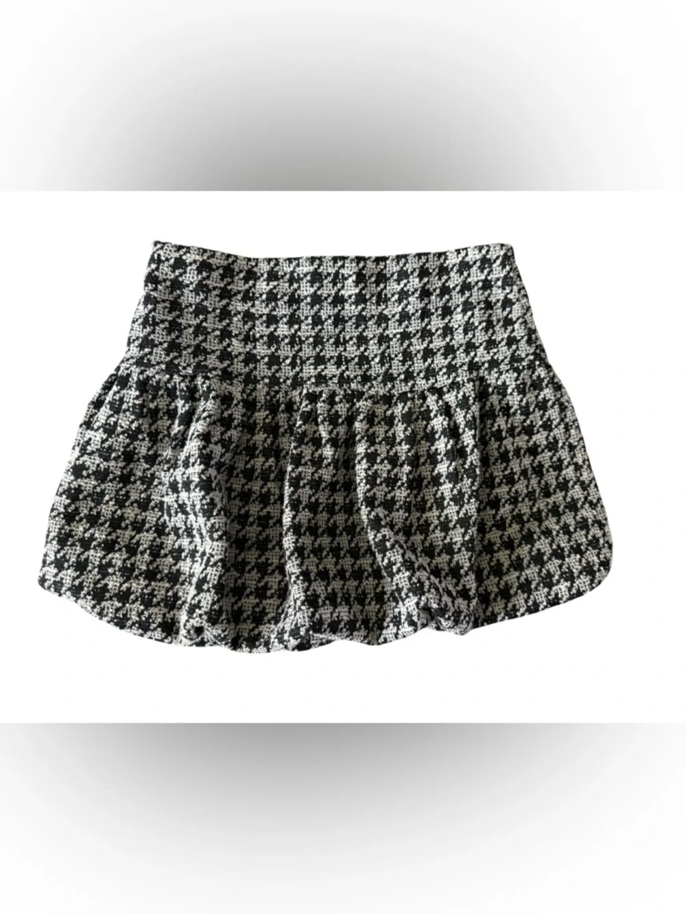 Zara Black White Tweed Bubble Hem Mini Skirt Houndstooth Size S